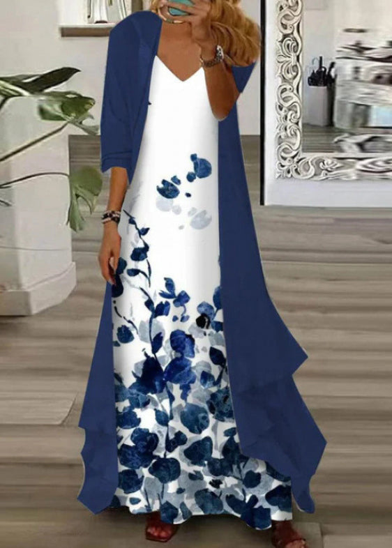 Plus Size V Neck Print Chiffon Two Pieces Set Summer