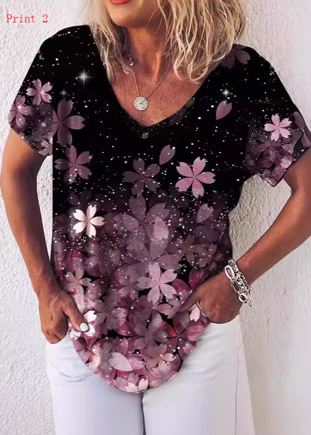 Plus Size V Neck Print Cotton T Shirt Top Summer