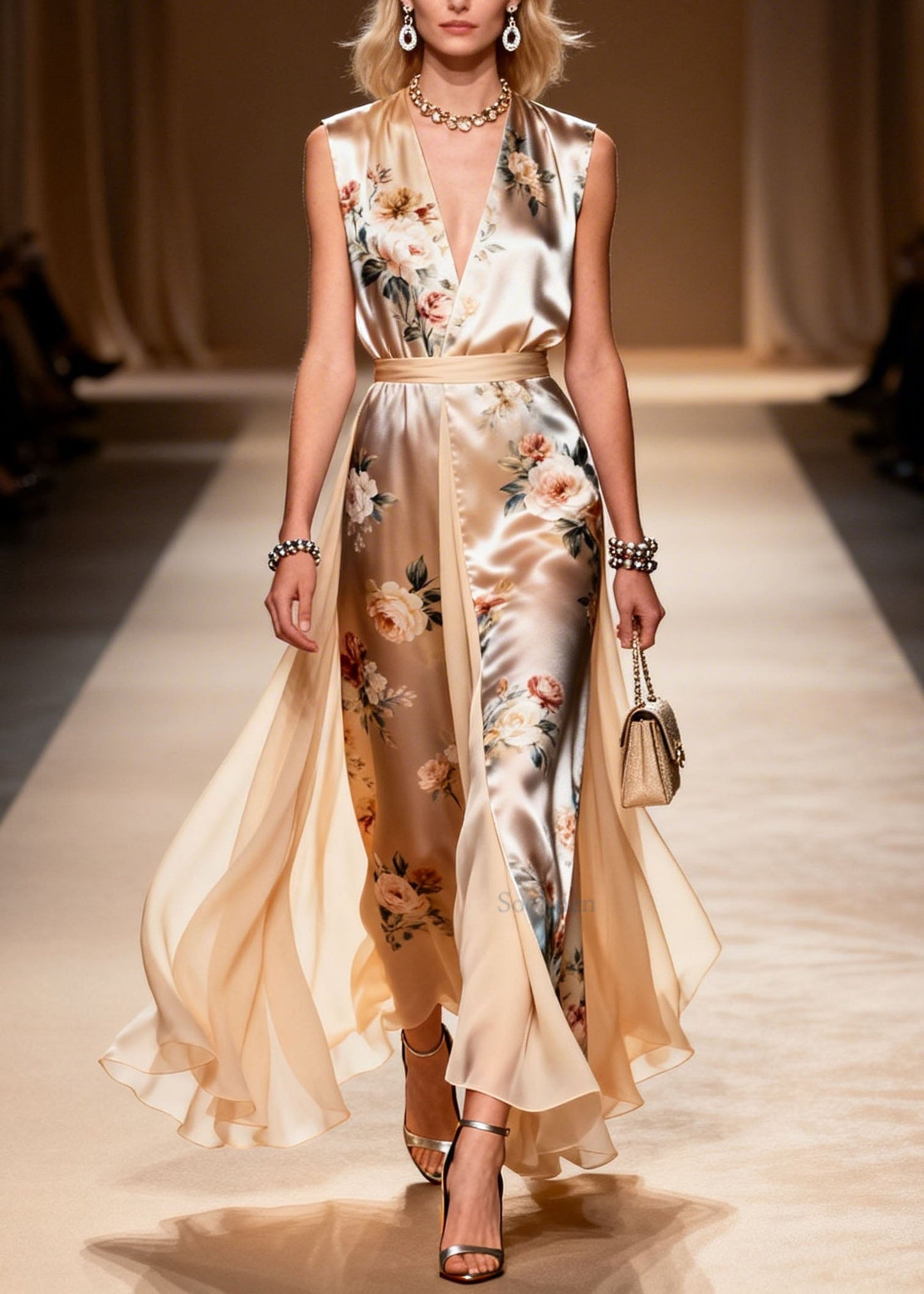 Plus Size V Neck Print Patchwork Chiffon Dress Sleeveless