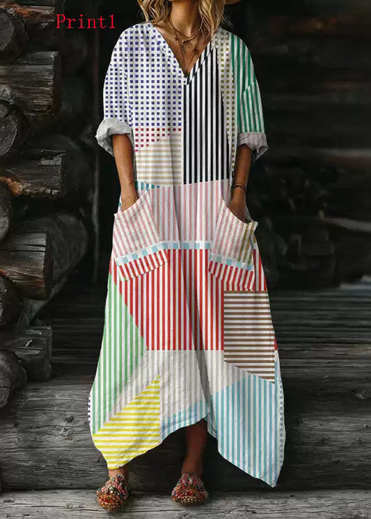 Plus Size V Neck Print Pockets Cotton Long Dress Summer
