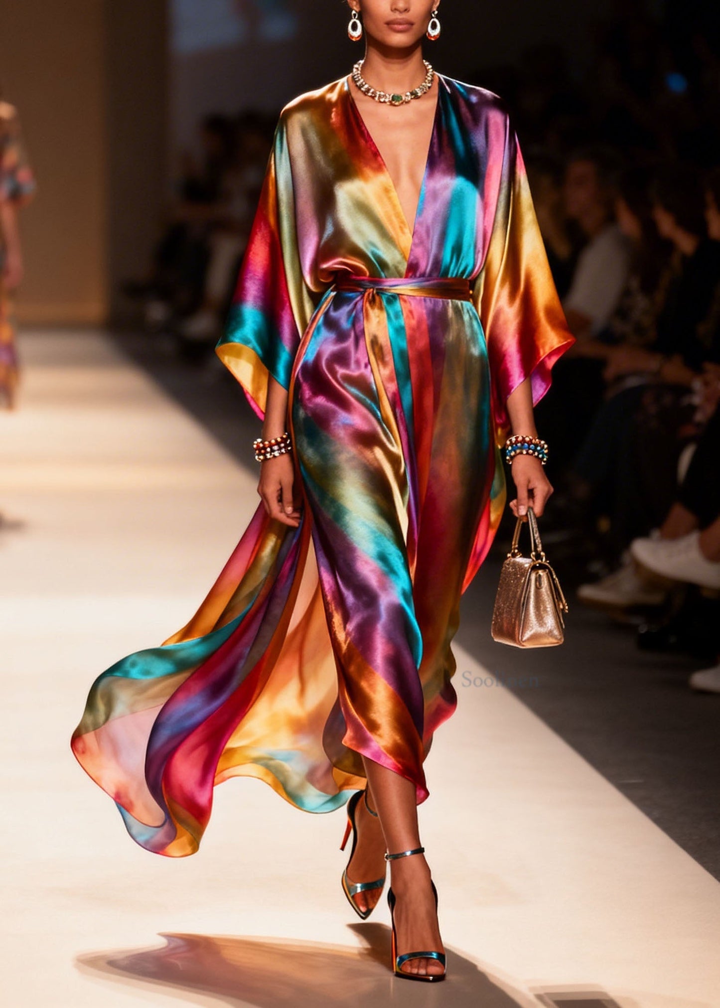 Plus Size V Neck Side Open Silk Holiday Dress Summer