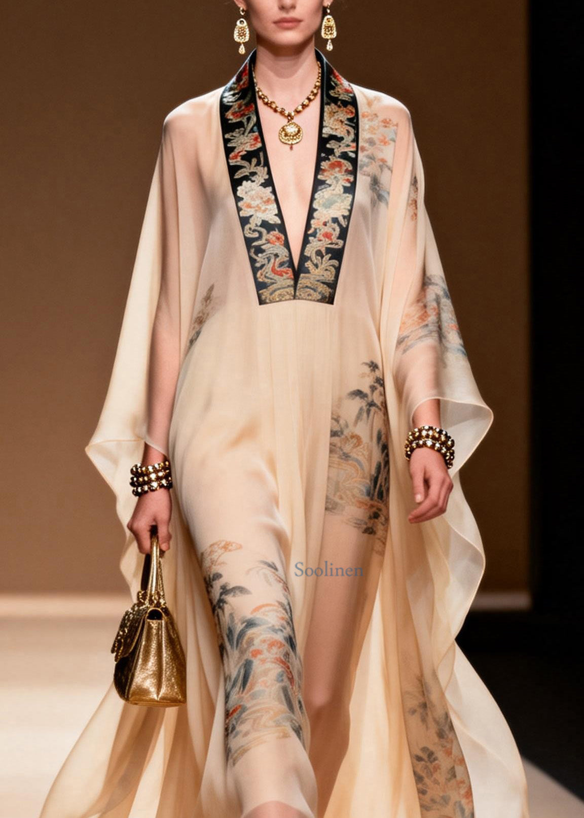 Plus Size Vintage V Neck Print Chiffon Dresses Summer