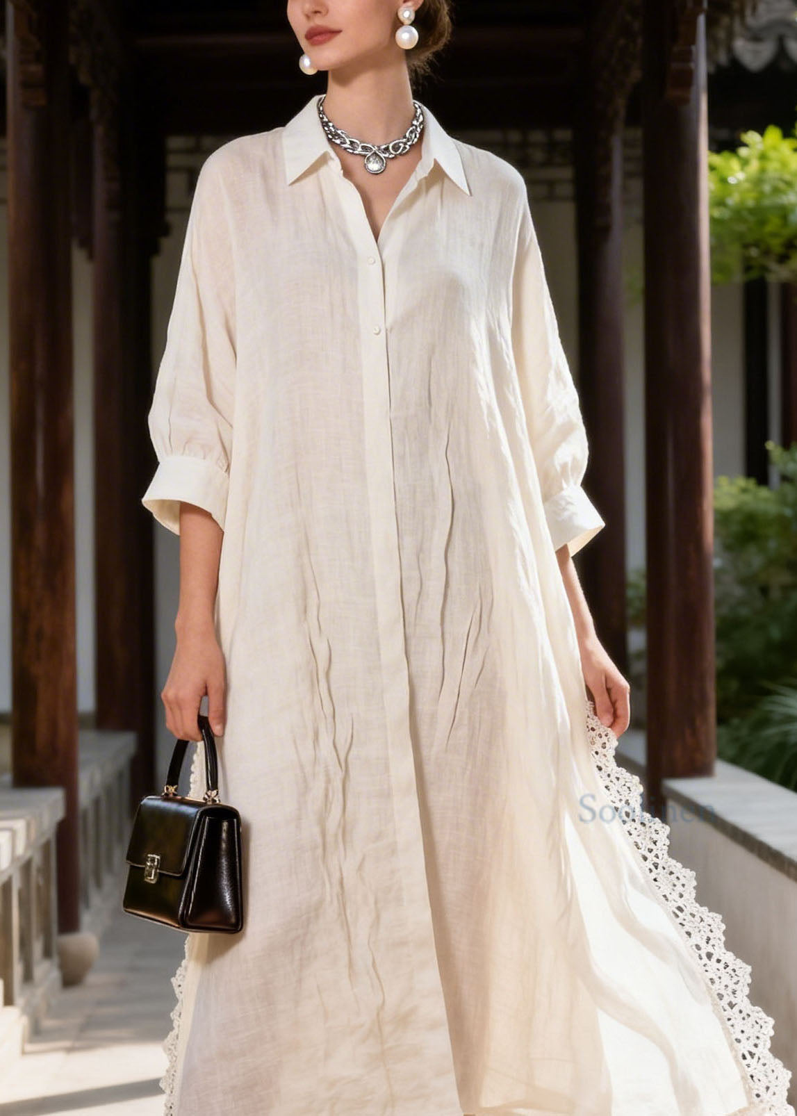 Plus Size White Peter Pan Collar Lace Patchwork Cotton Dress Summer