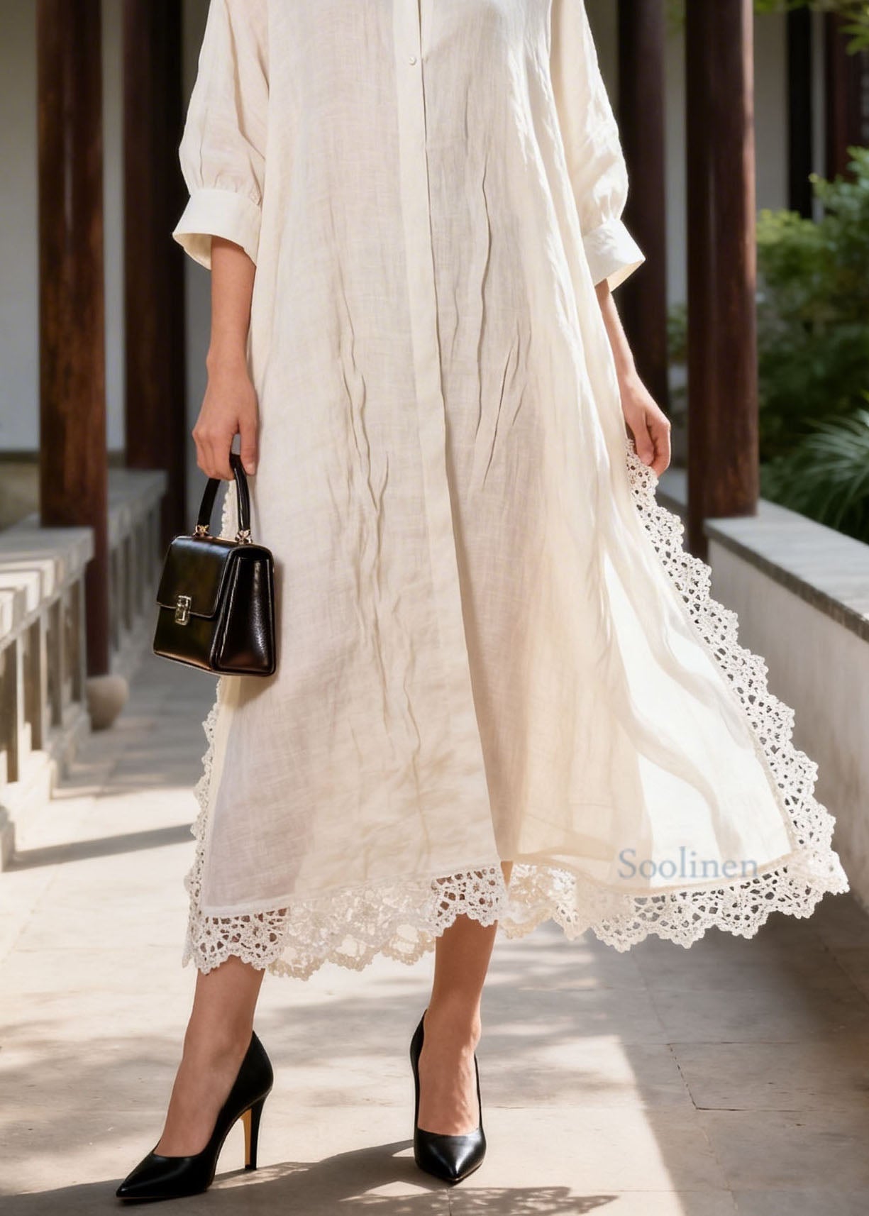 Plus Size White Peter Pan Collar Lace Patchwork Cotton Dress Summer