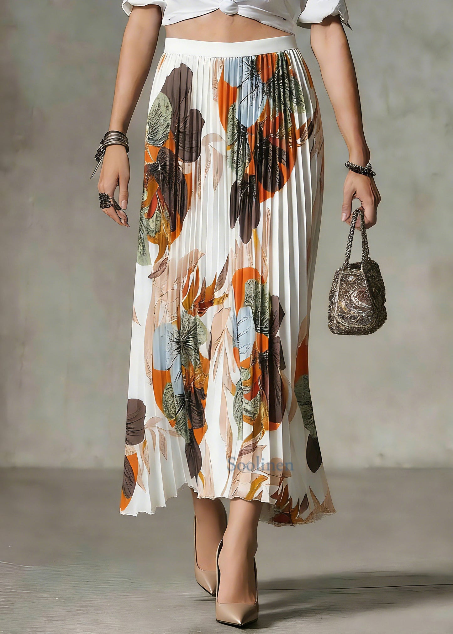 Plus Size White Print Patchwork Maxi Skirt