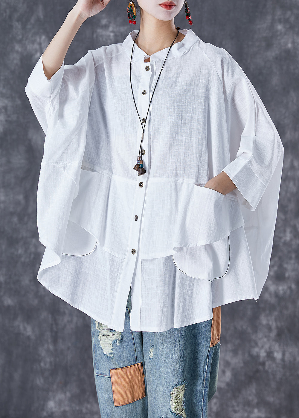 Plus Size Print5 Stand Collar Patchwork Linen Shirt Tops Batwing Sleeve