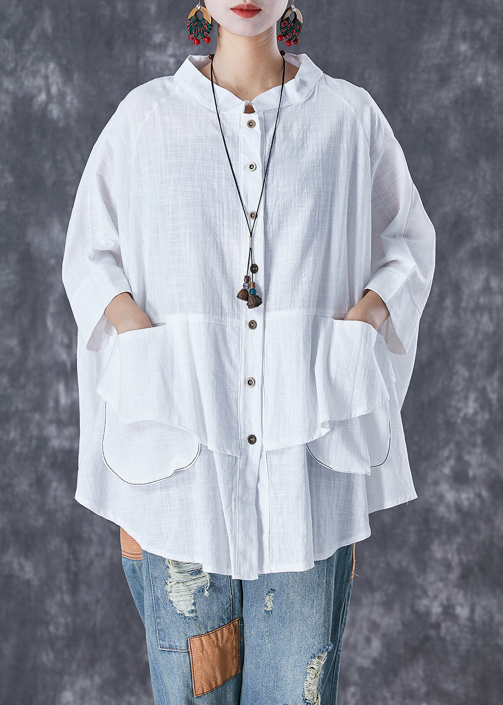 Plus Size Print6 Stand Collar Patchwork Linen Shirt Tops Batwing Sleeve