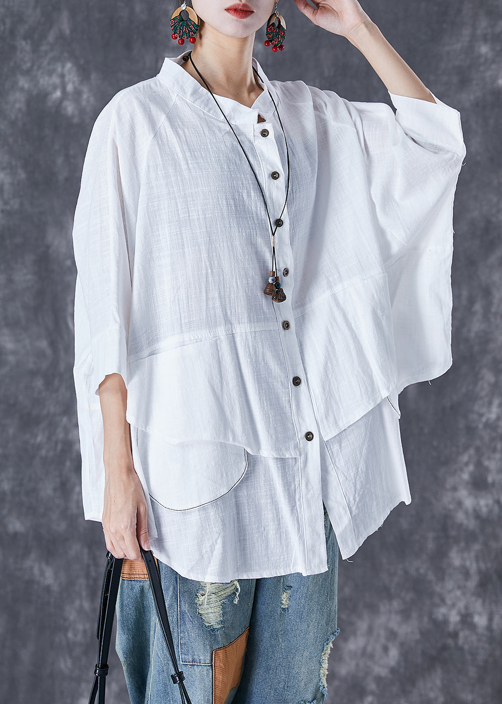 Plus Size Print7 Stand Collar Patchwork Linen Shirt Tops Batwing Sleeve