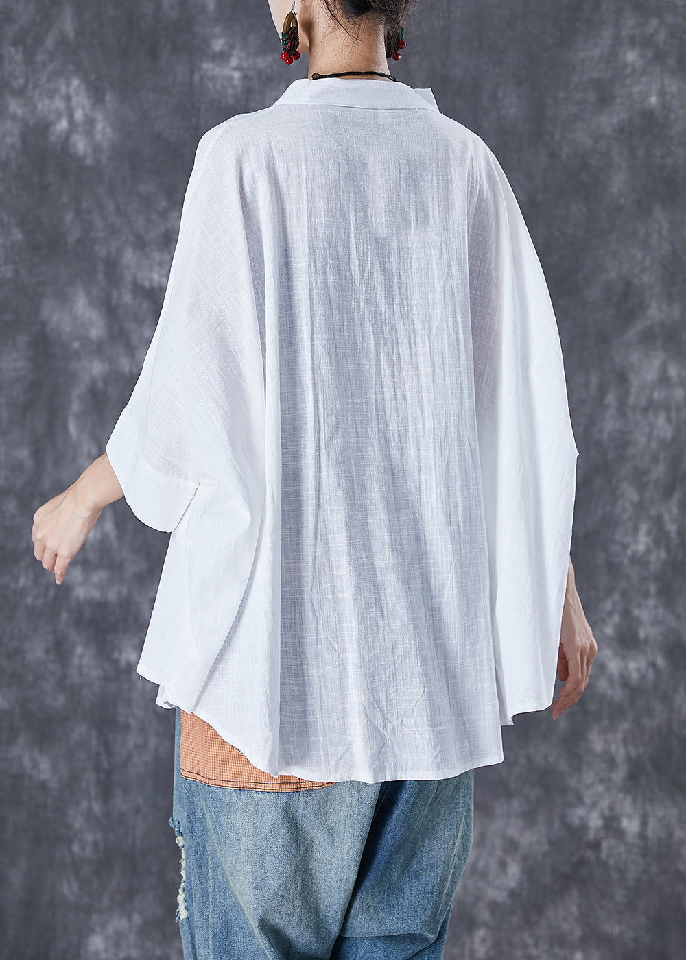 Plus Size Print1 Stand Collar Patchwork Linen Shirt Tops Batwing Sleeve