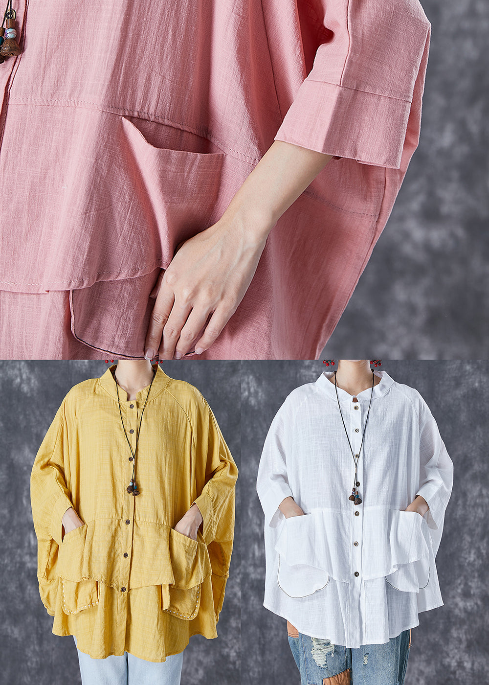 Plus Size Print1 Stand Collar Patchwork Linen Shirt Tops Batwing Sleeve
