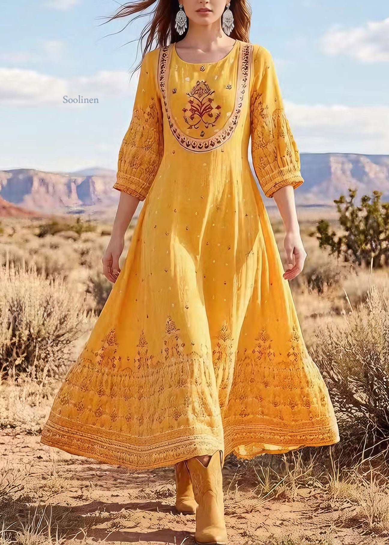 Plus Size Yellow O Neck Print Cotton Long Dress Summer