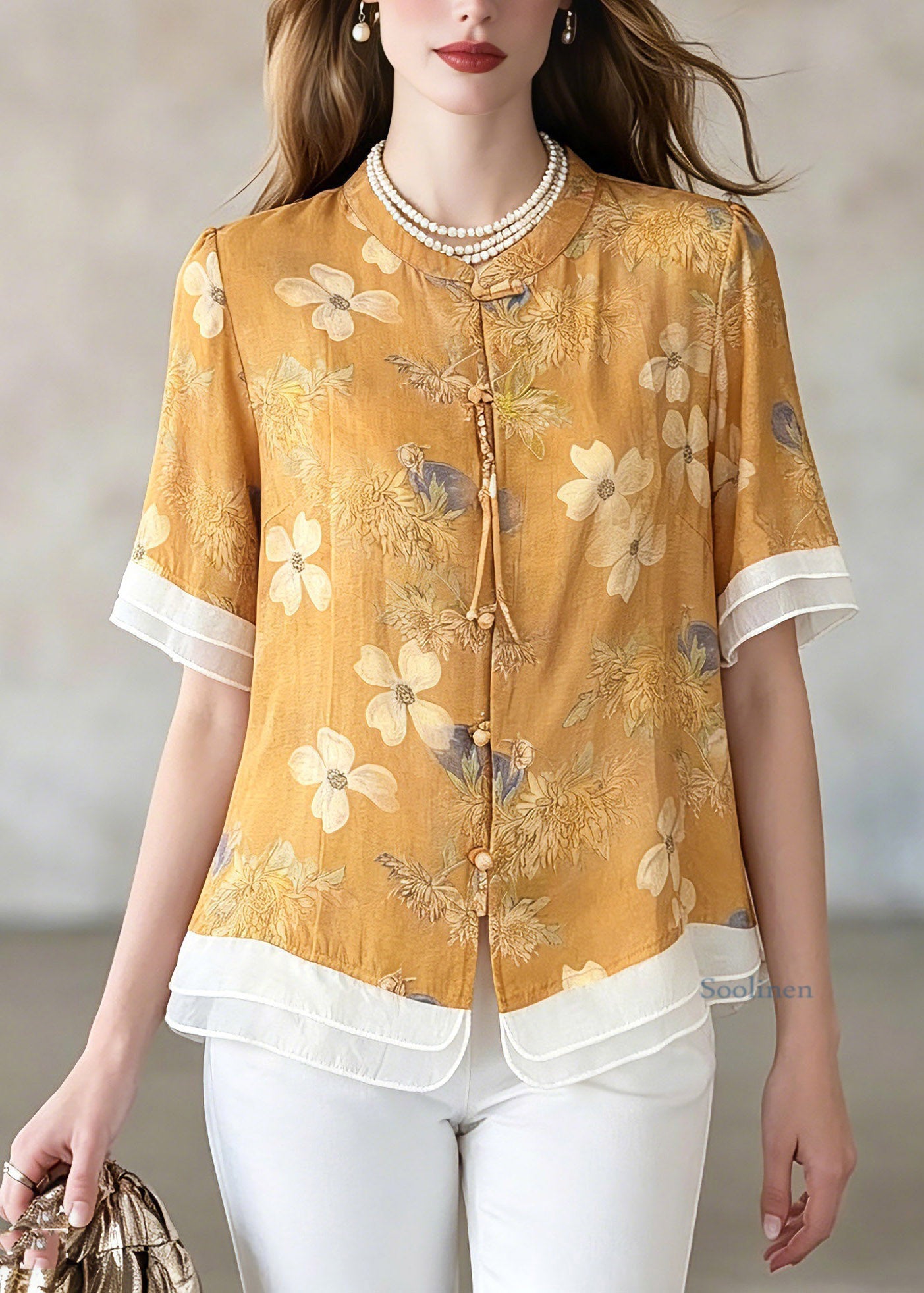 Plus Size Yellow Print Shirts Short Sleeve