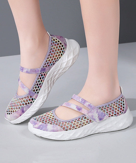 Zapatillas moradas de malla transpirable para pies planos con cierre de hebilla y paneles combinados