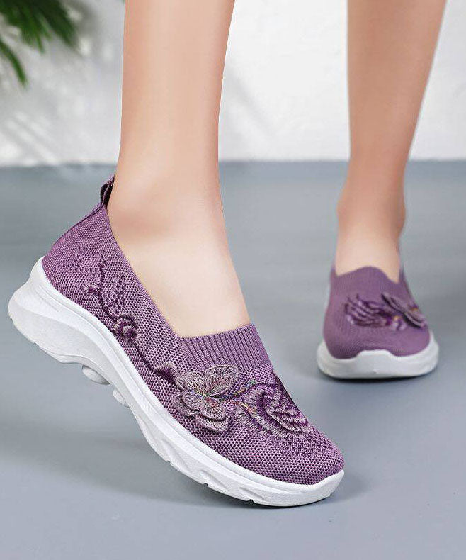 Purple Embroidered Breathable Mesh Flat Shoes For Women