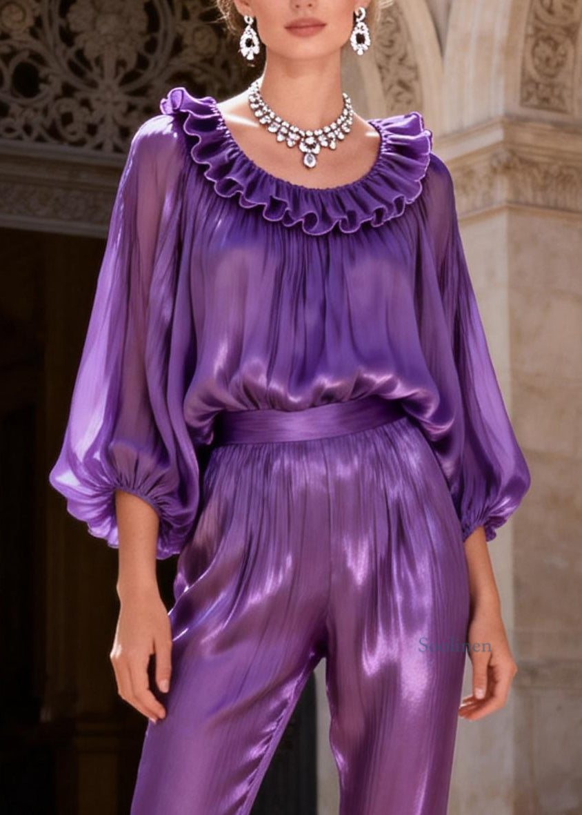 Purple High Waist Solid Silk Two Pieces Set Ruffled Lantern Sleeve
