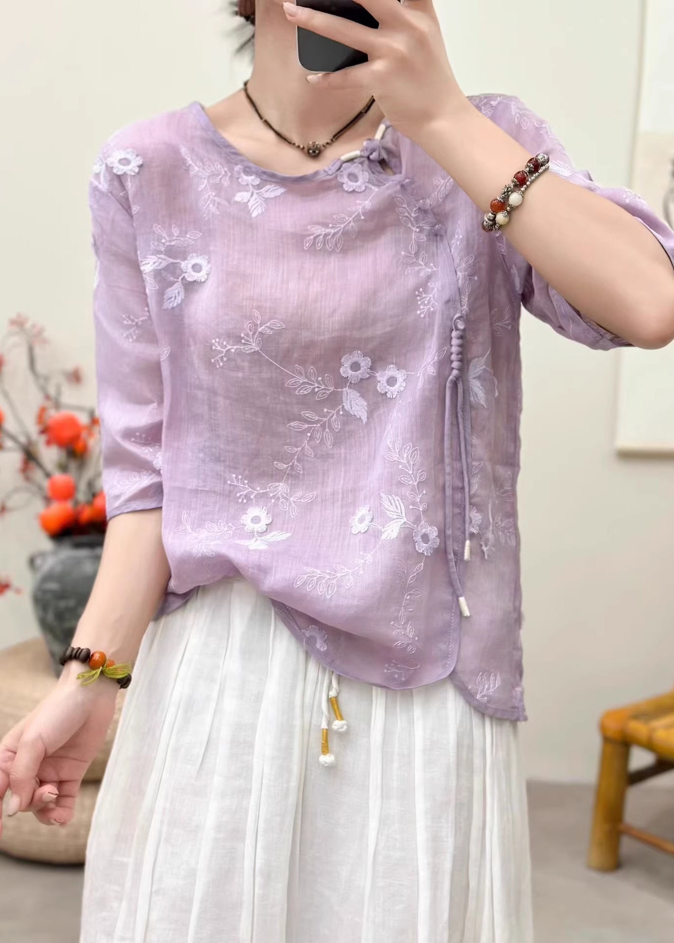 Purple Linen Oriental Tops Embroidered Tasseled Half Sleeve