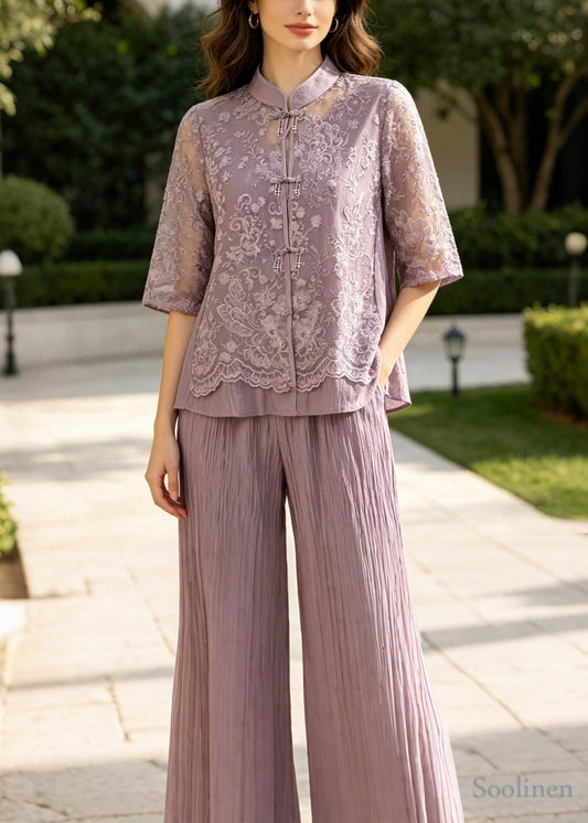 Conjunto de dos piezas de encaje con diseño de retazos morado, cuello mandarín, para mujer, de verano