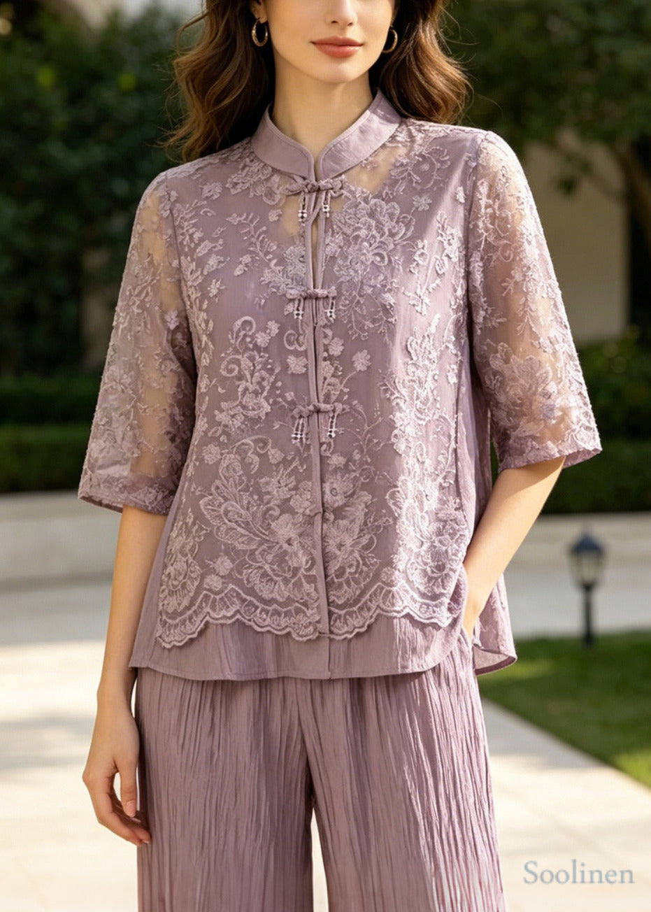 Purple Patchwork Lace Women Sets 2 Pieces Mandarin Collar Summer