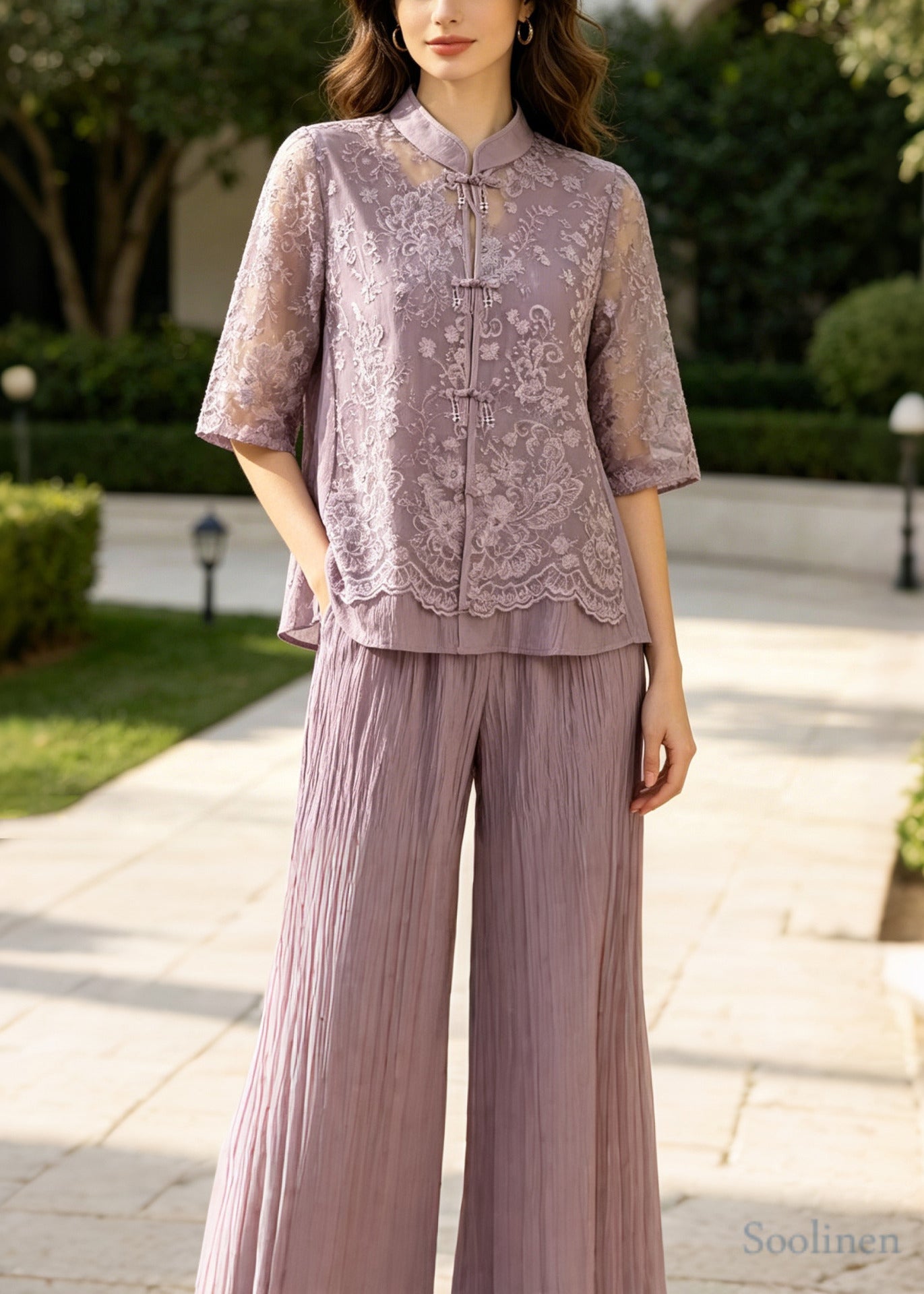 Purple Patchwork Lace Women Sets 2 Pieces Mandarin Collar Summer