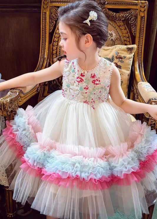 Rainbow Patchwork Tulle Kids Girls Long Dress Sequins Summer