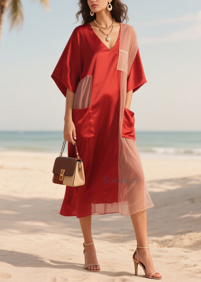 Red Patchwork Tulle Robe Dresses Asymmetrical Summer