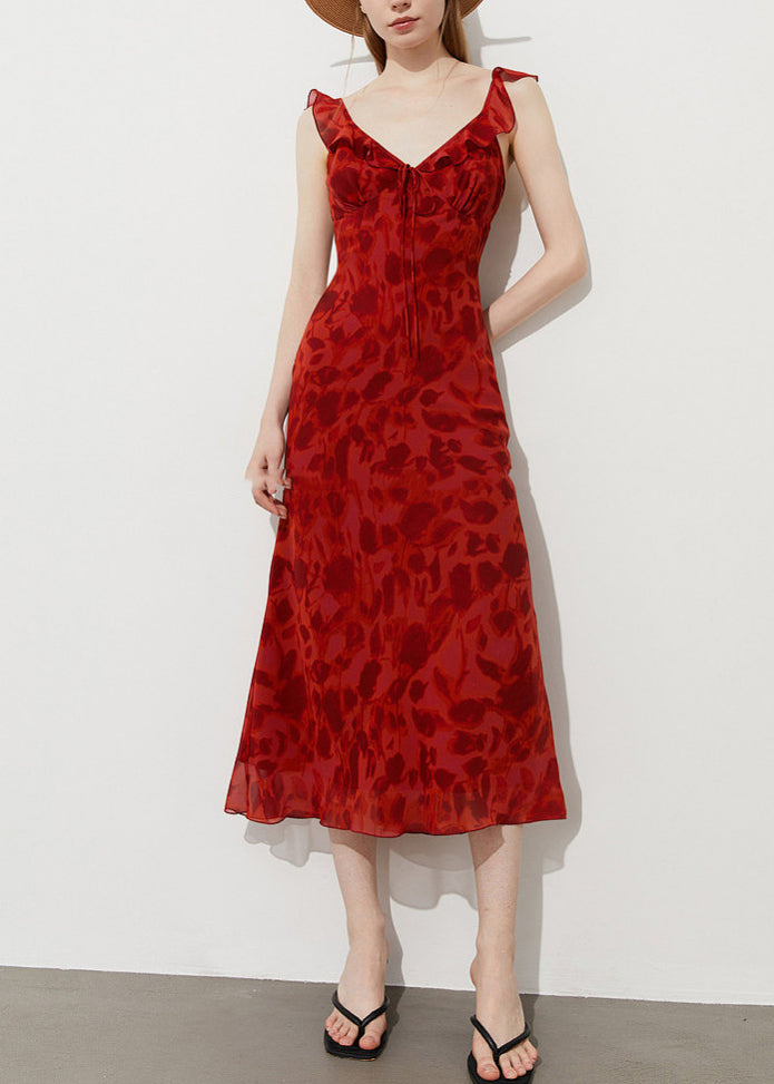 Red Print Chiffon Ankle Dress Ruffled Summer