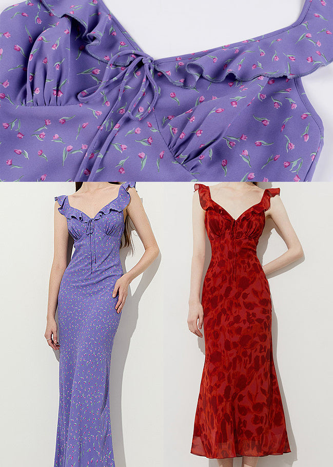 Red Print Chiffon Ankle Dress Ruffled Summer
