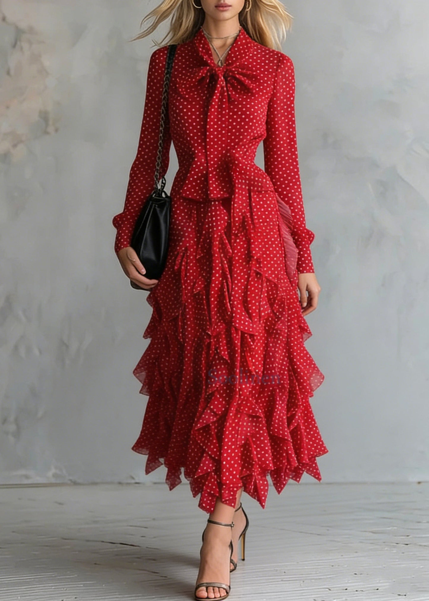 Red Print Chiffon Shirt Dress Bow Ruffles Spring
