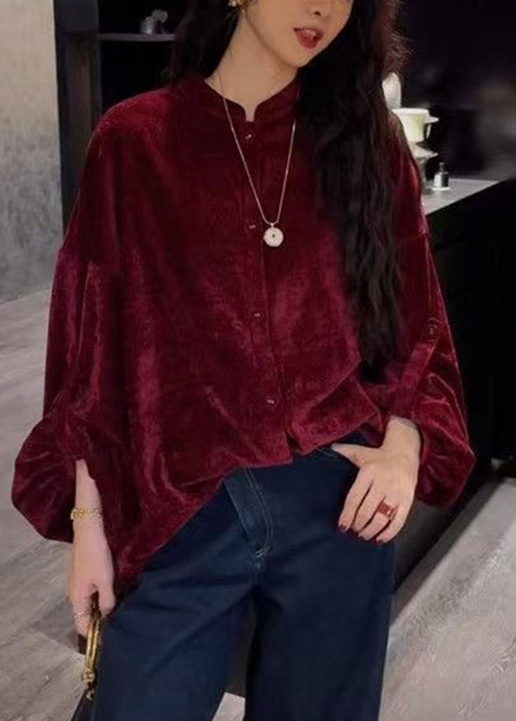 Red Stand Collar Solid Shirt Long Sleeve