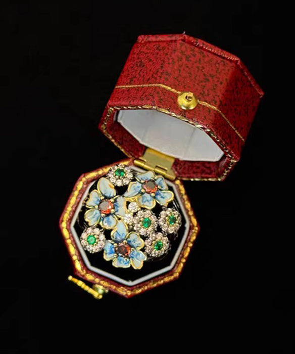 Retro Blue Floral Zircon Exaggeration Alloy Rings