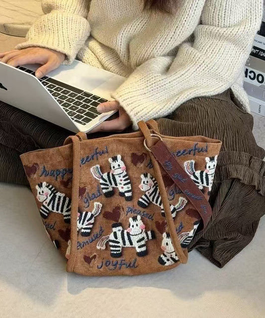 Retro Brown Little Zebra Appliqued Velour Shoulder Bags
