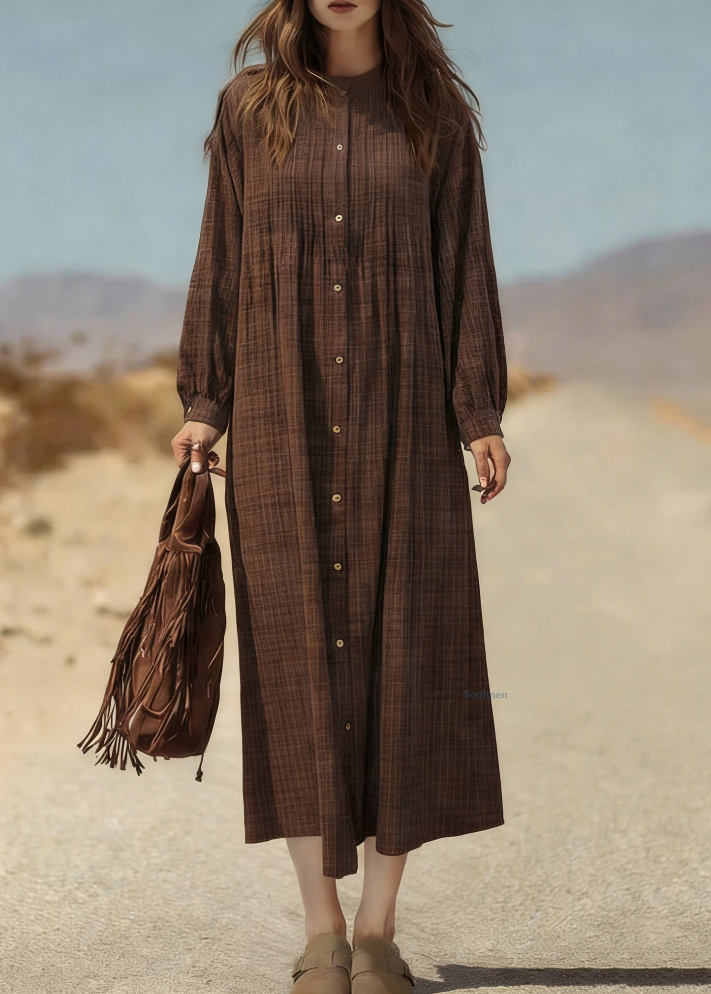 Retro Coffee Plaid Button Cotton Shirts Dress Spring