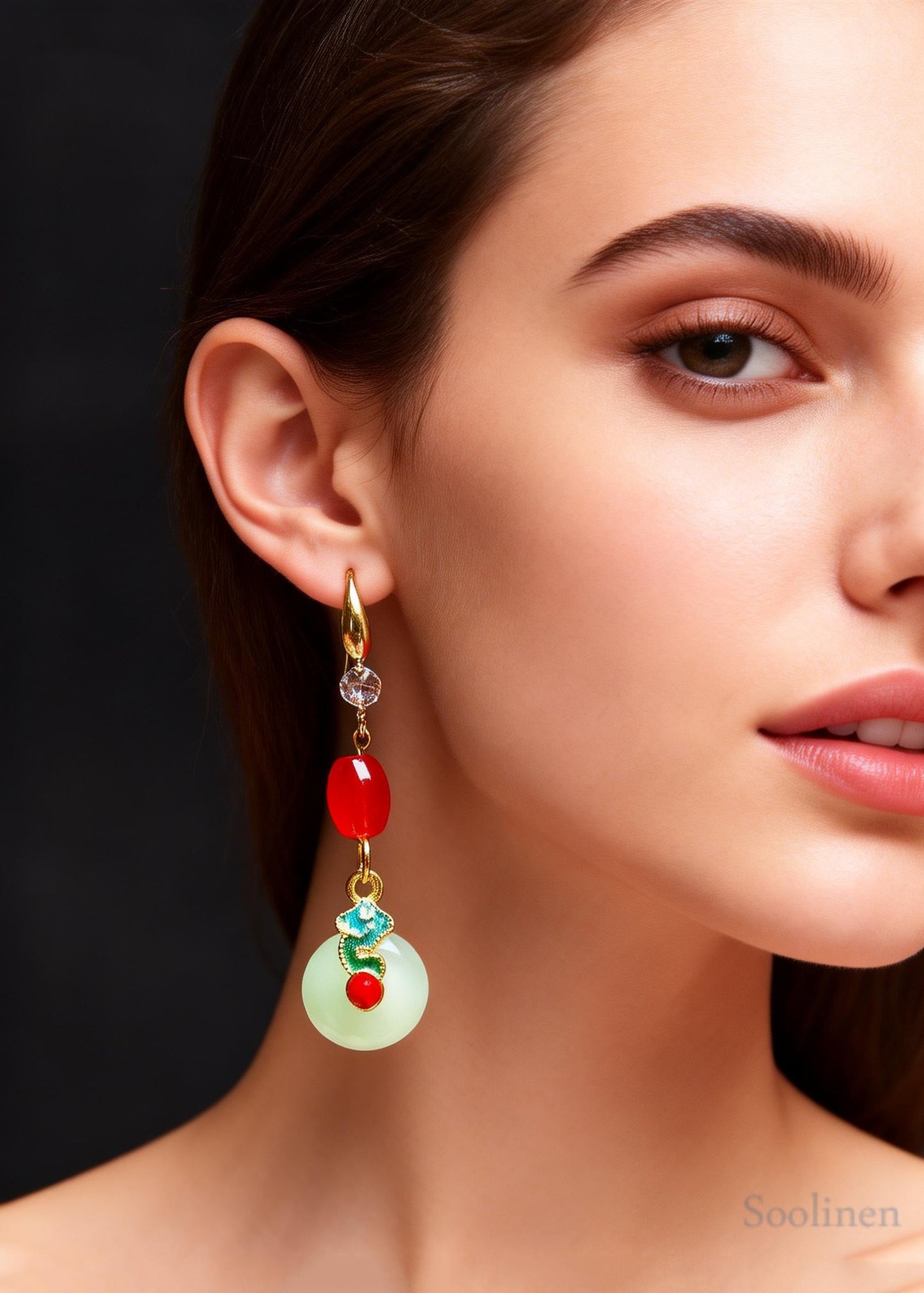 Retro Coral Bead Catenation Zircon Fine Jade Drop Earrings