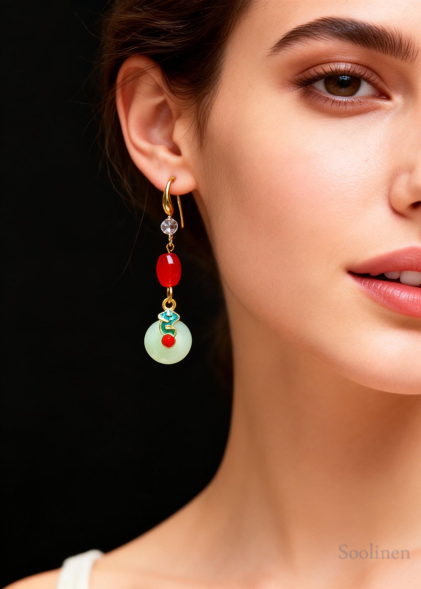 Retro Coral Bead Catenation Zircon Fine Jade Drop Earrings