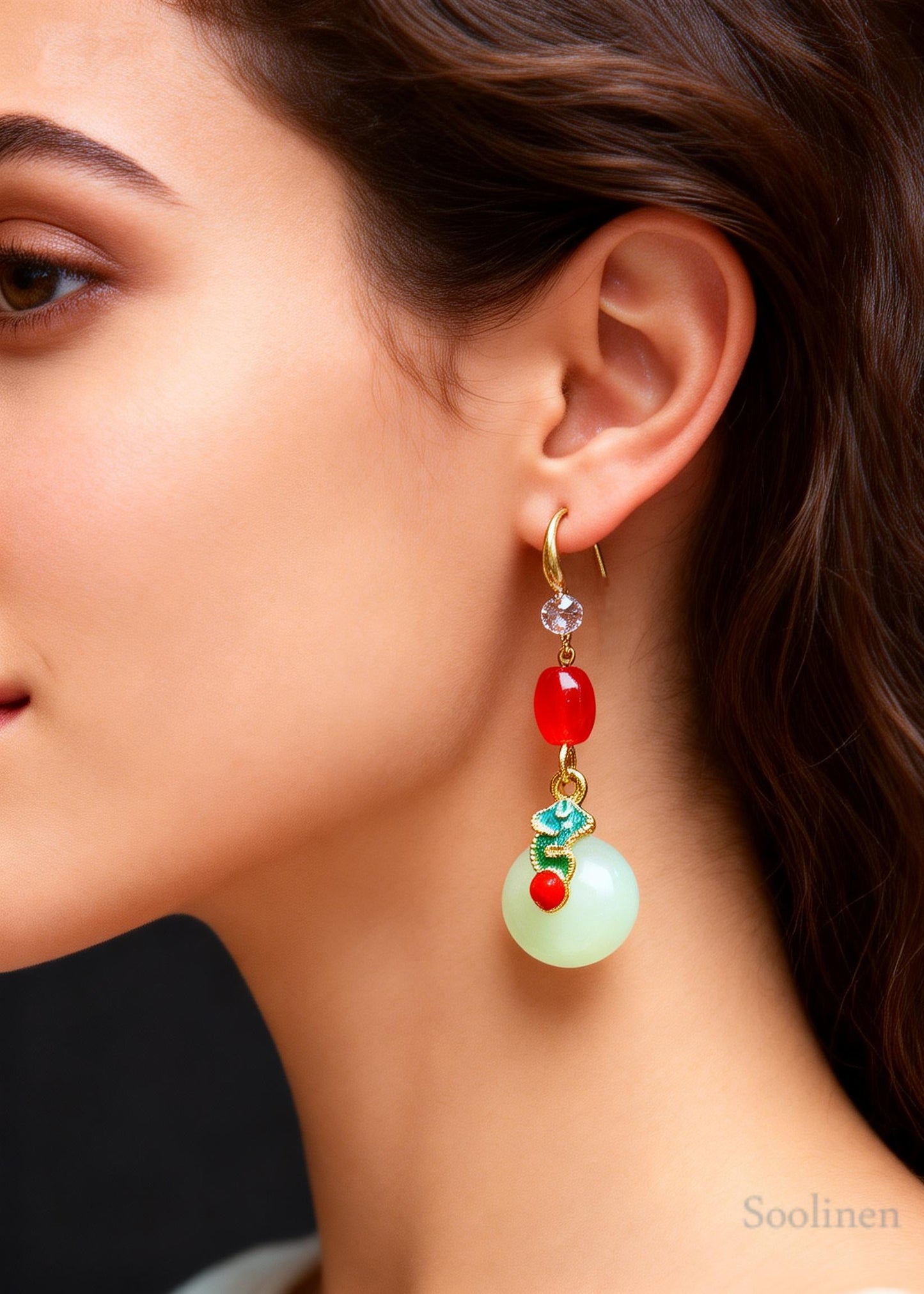 Retro Coral Bead Catenation Zircon Fine Jade Drop Earrings