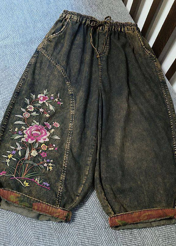 Retro Embroidered Floral Crop Jeans Summer