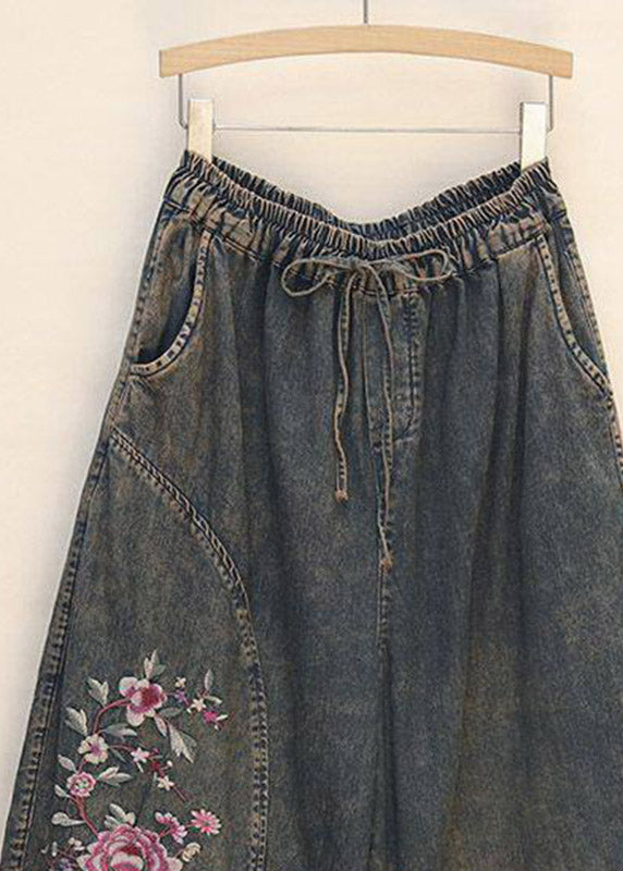 Retro Embroidered Floral Crop Jeans Summer