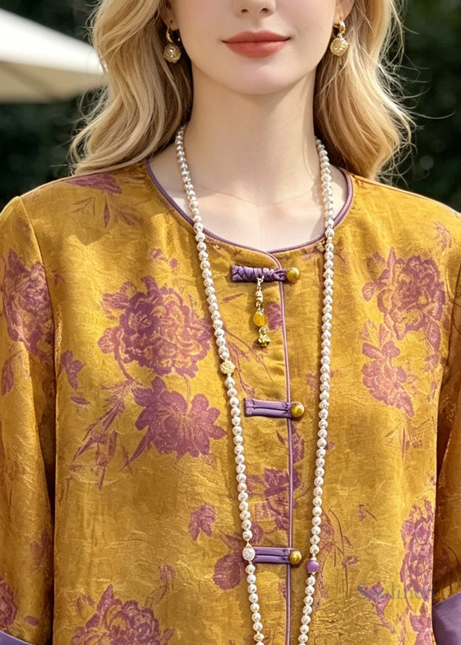 Retro Golden Jacquard Chinese Button Silk Top Half Sleeve