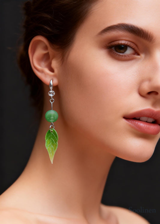 Pendientes de gota de circonita jade fino y acrílico con hoja verde retro