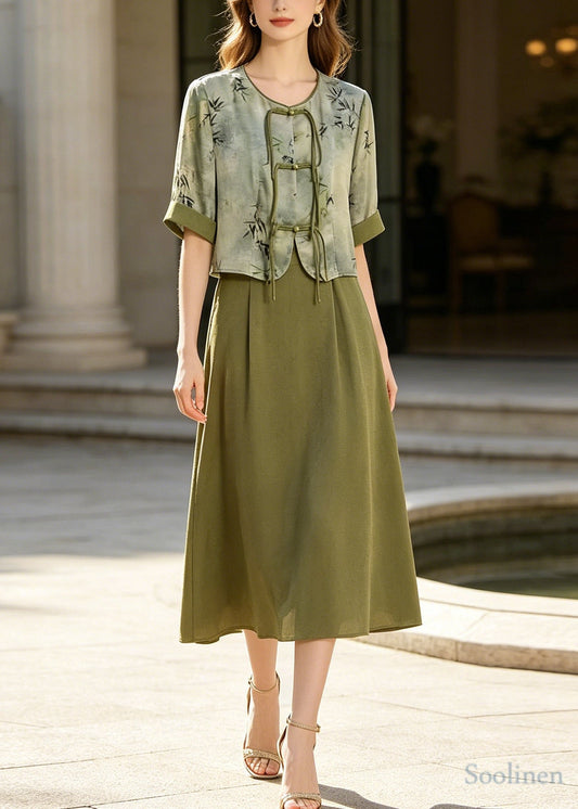 Retro Green Print Chinese Button Silk Dress Two Piece Set Summer