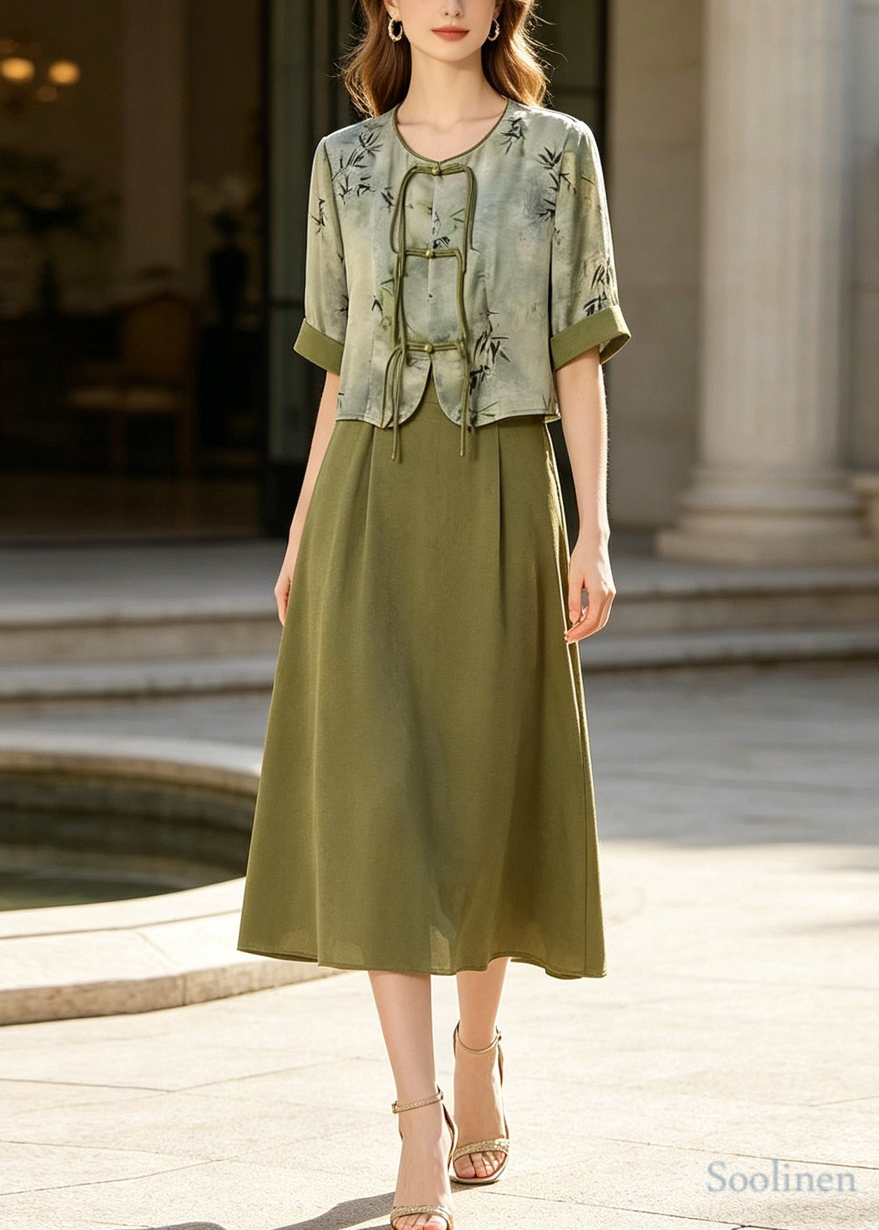 Retro Green Print Chinese Button Silk Dress Two Piece Set Summer