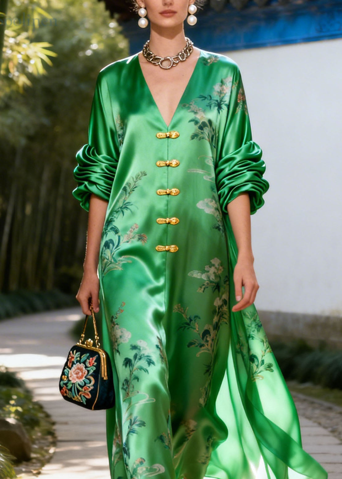 Retro Green V Neck Print Wrinkled Silk Vacation Dresses