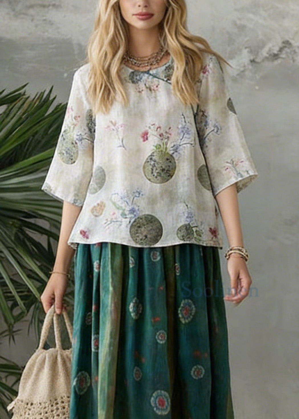 Retro Light Green O-Neck Print Blouse Spring Top