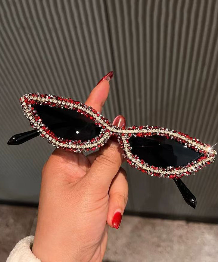 Retro Luxury Red Narrow Edged Cat Eye Sunglasses Heavy Craftsmanship Zircon