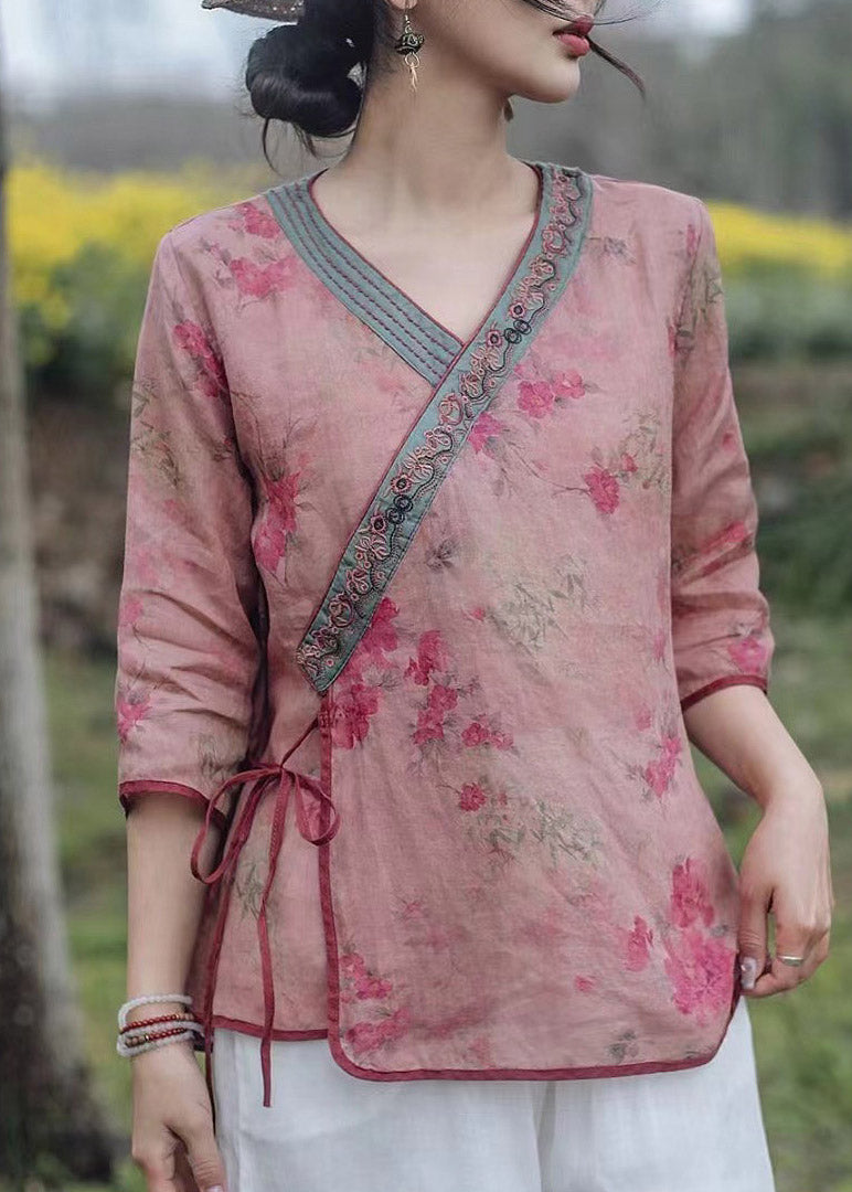 Retro Pink Patchwork Tie Waist Linen Shirts Three Quarter Sleeve