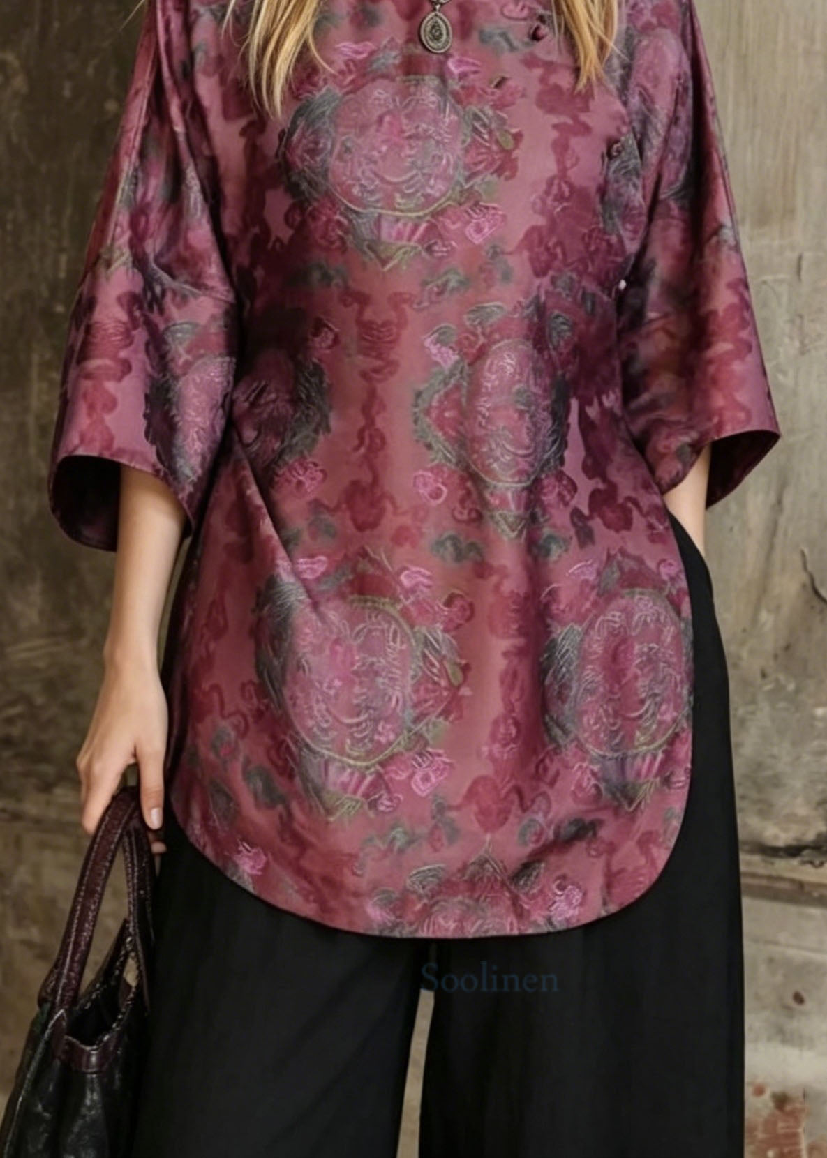 Retro Stand Collar Print Patchwork Silk Shirt Top Summer