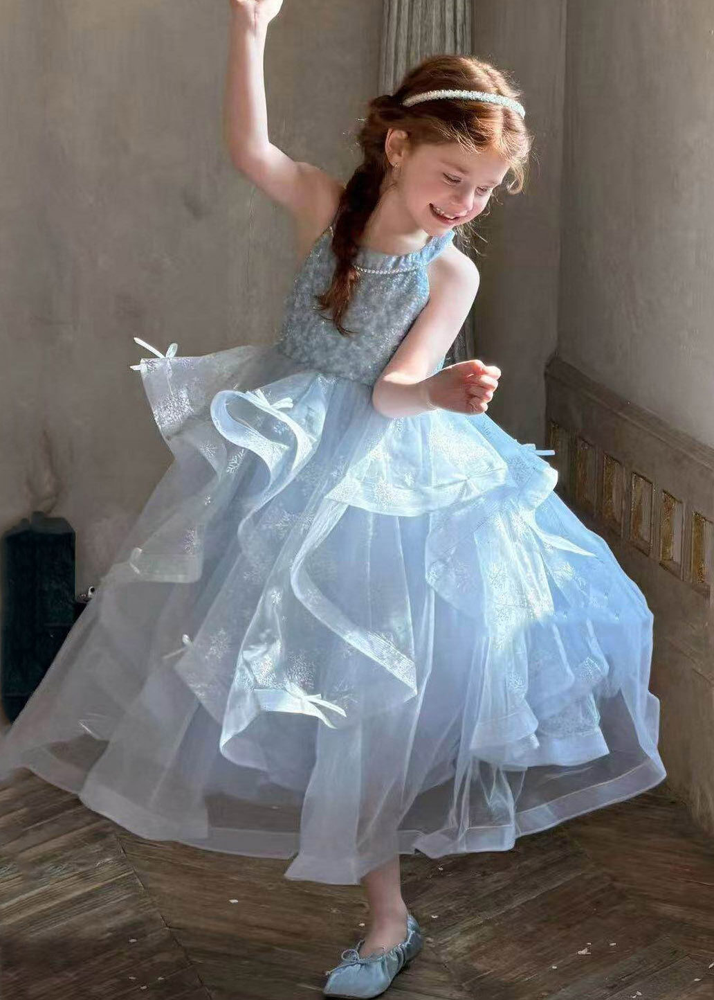 Sequins Blue O-Neck Sequins Tulle Girls Long Dress Sleeveless
