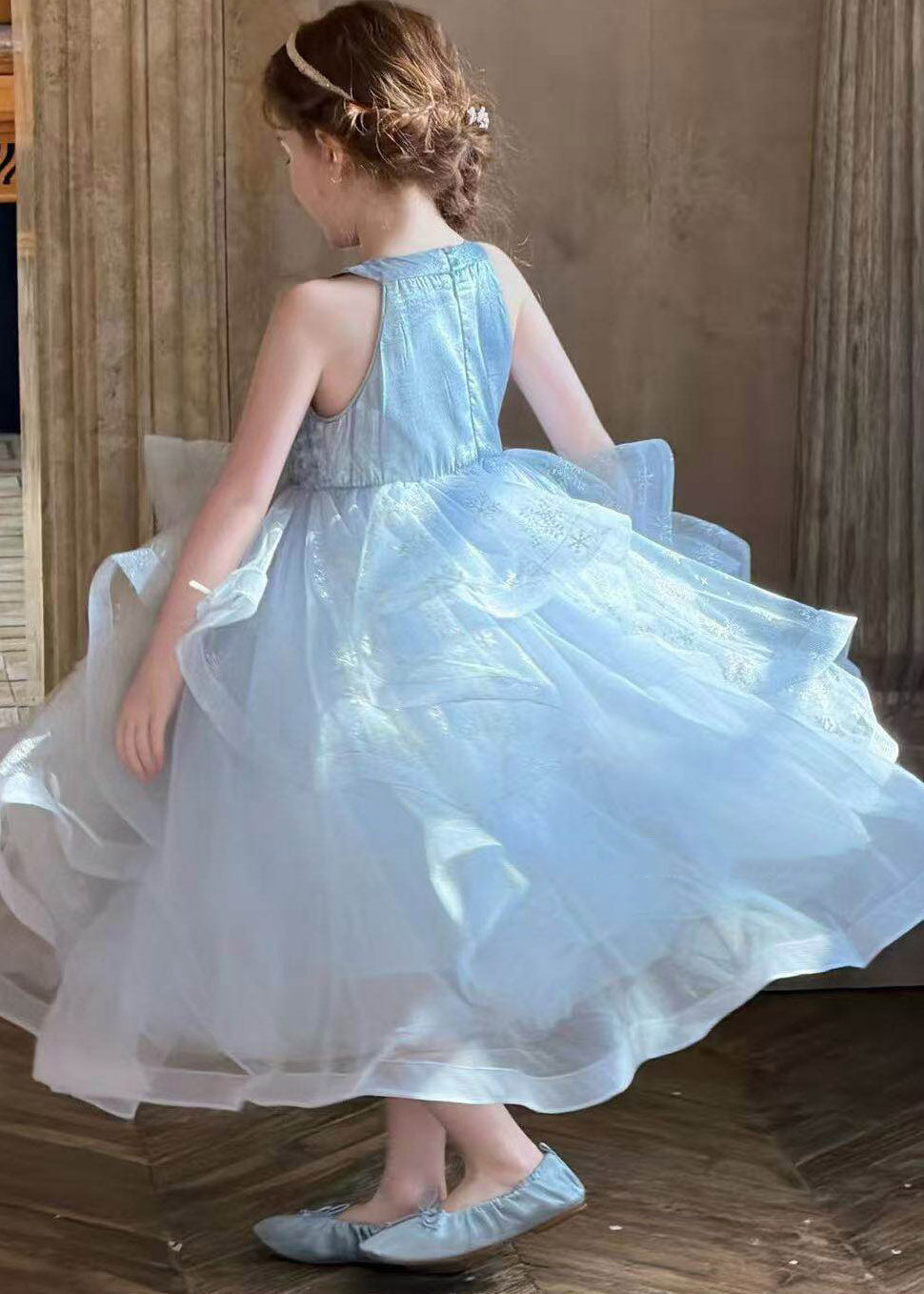 Sequins Blue O-Neck Sequins Tulle Girls Long Dress Sleeveless