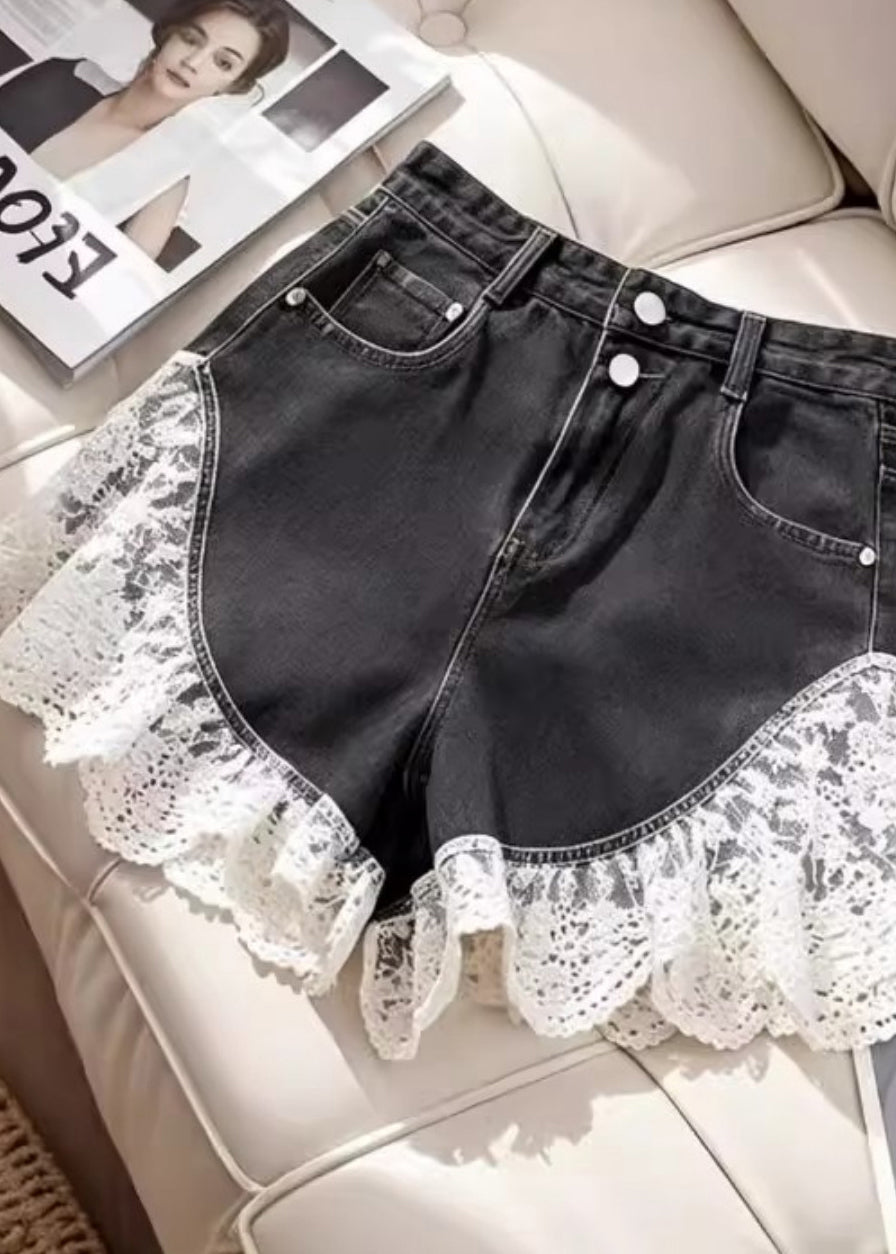 Sexy Black Silm Fit Lace Patchwork Denim Shorts Summer