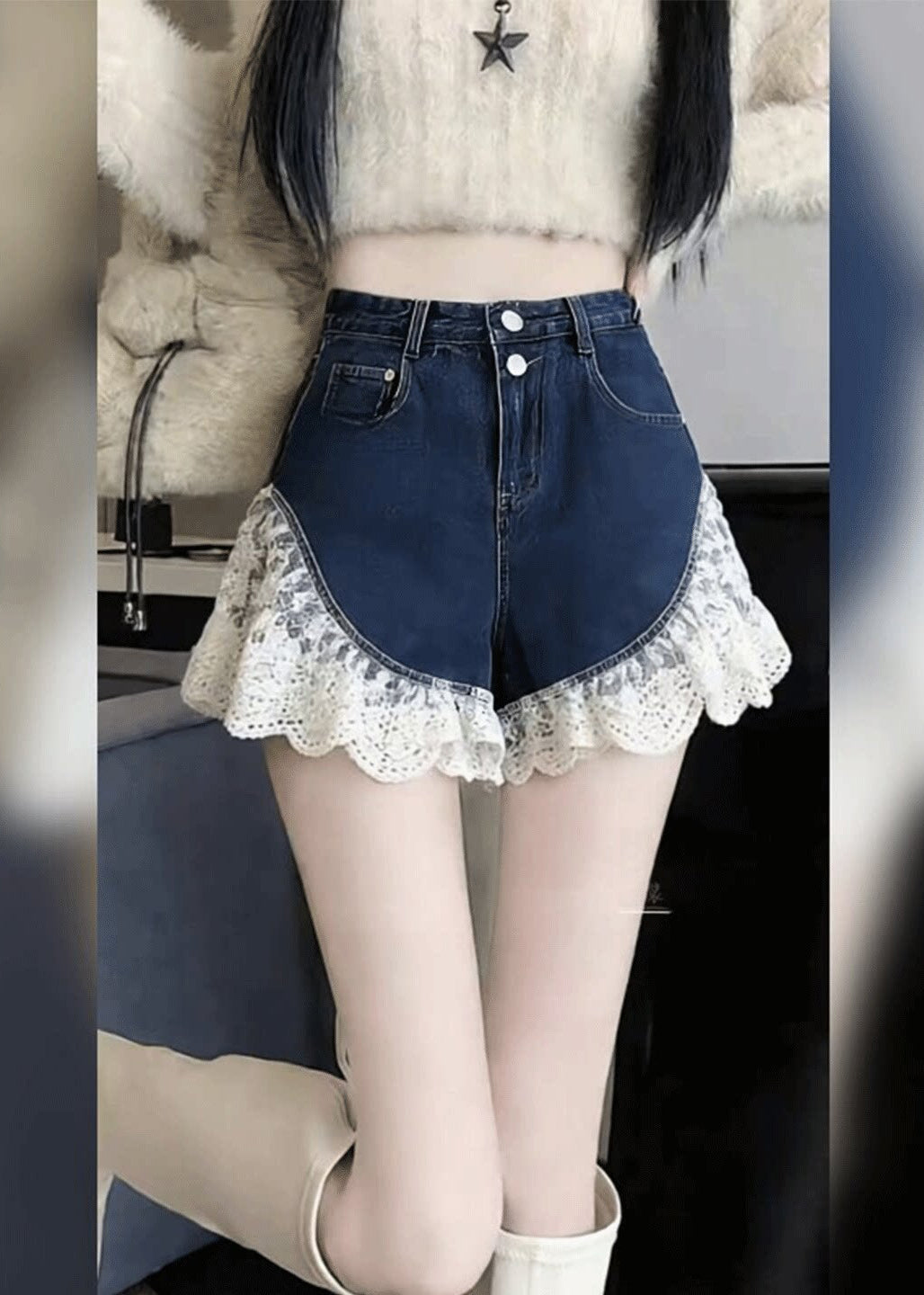 Sexy Black Silm Fit Lace Patchwork Denim Shorts Summer